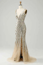 Sparkling Gold Sequined Mermaid Long Prom Dress With Deep V Neck