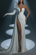 White Prom Dress With Gloves Long Mermaid One Shoulder High Slit