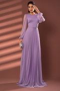 Long Sleeve Chiffon Jewel Neck Pleated Prom Dress Custom Size