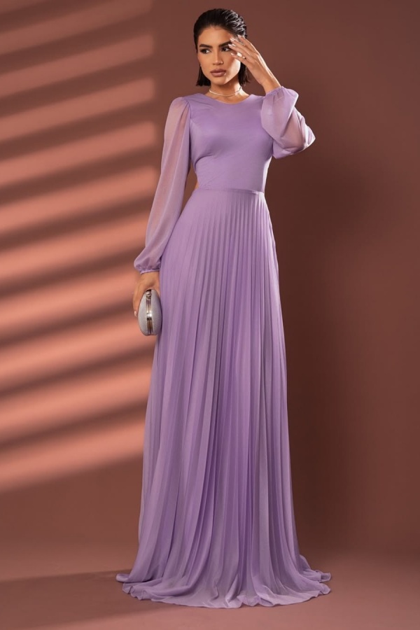 Long Sleeve Chiffon Jewel Neck Pleated Prom Dress Custom Size