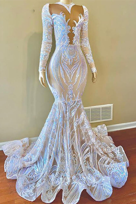 Vestido de fiesta de sirena con apliques de lentejuelas blancas y encaje con mangas largas