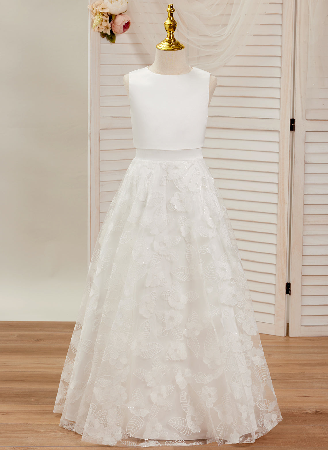 A-line Lace Satin Floor-length Ivory Dress (010146741)
