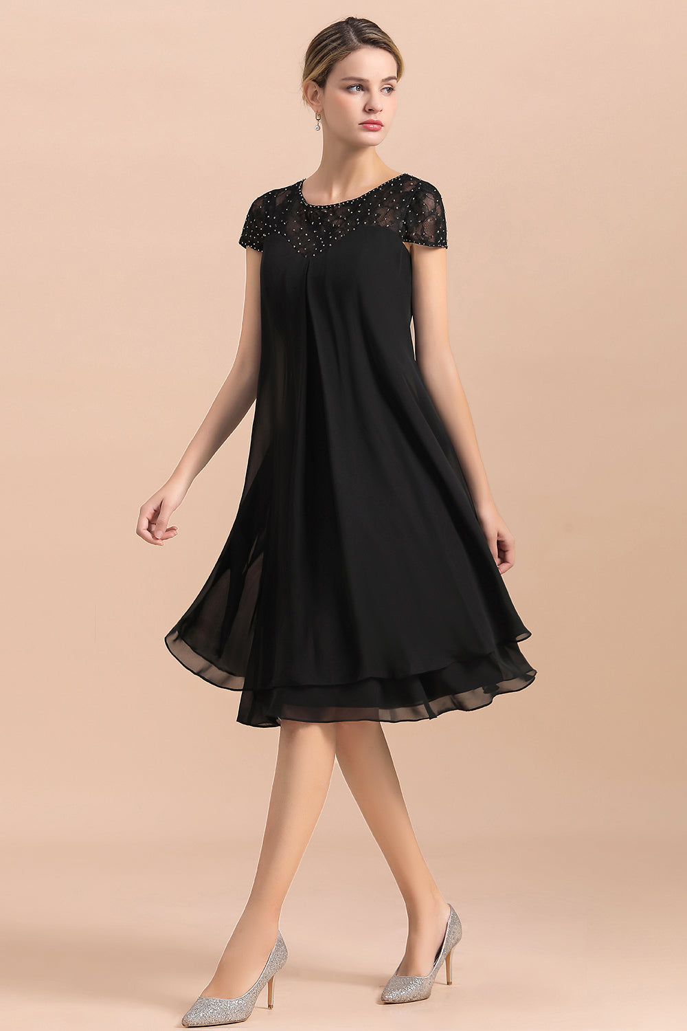BMbridal Chic Black Cap Sleeve Mother of Bride Dress Chiffon Short Wedding Party Gowns