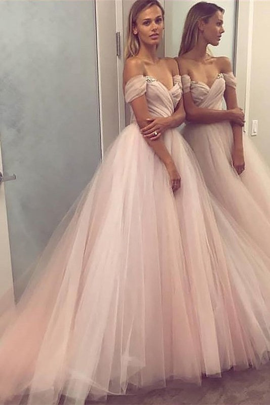 Vestidos de baile elegantes longos em linha A com tule e decote ombro a ombro