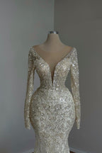 Bmbridal Lace Mermaid Wedding Dress With Beading Long Sleeves Appliques