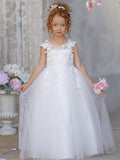Ivory Tulle Princess Flower Girl Dress With Lace Appliques And Bow