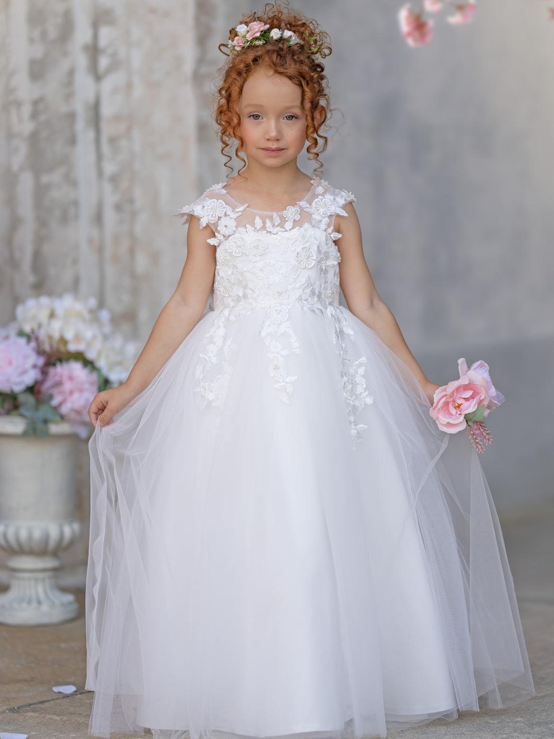 Ivory Tulle Princess Flower Girl Dress With Lace Appliques And Bow