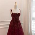 Abito formale da sera bordeaux gotico con spalline sottili, paillettes e perline, abito da ballo in tulle Y7586