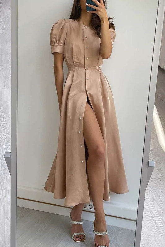 Schickes und klassisches Midikleid mit Puffärmeln, Perlenknöpfen und Schlitz 