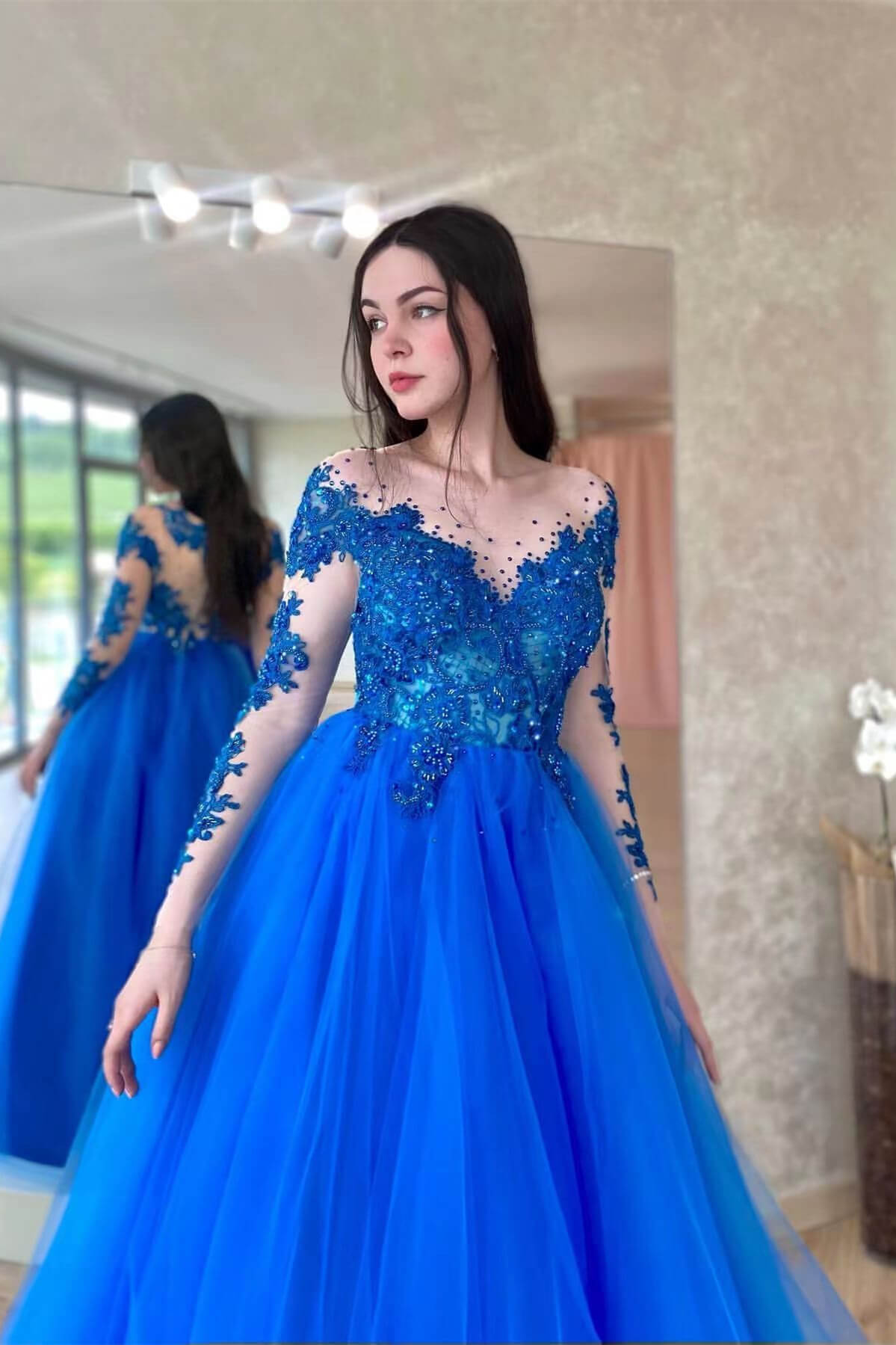 Royal Blue Appliqued Tulle Prom Dress with Long Sleeves
