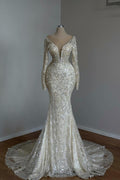 Bmbridal Lace Mermaid Wedding Dress With Beading Long Sleeves Appliques