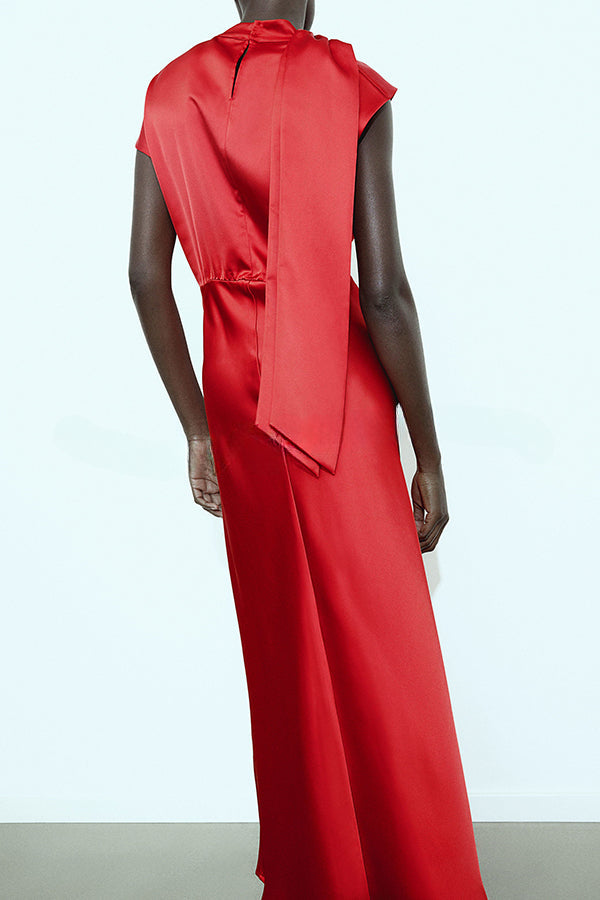 Robe longue à manches courtes avec nœud papillon en satin et col ras du cou "Souhaits sincères"