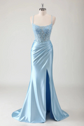 Spaghetti Strap Prom Dress With Appliques Long High Split