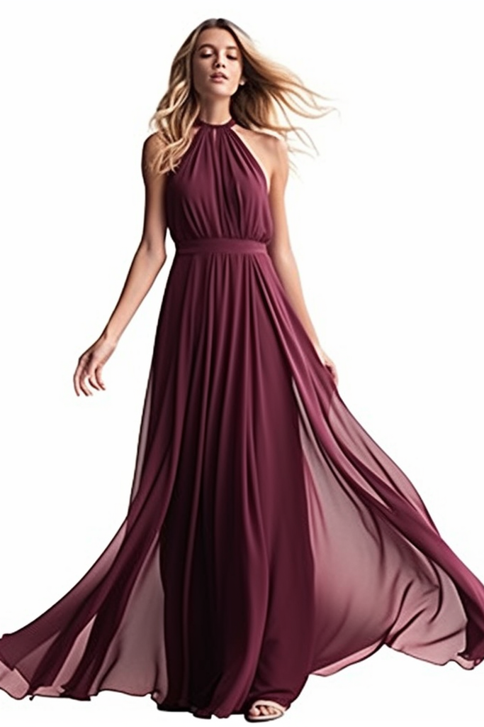 Vestido longo de cerimónia em chiffon sem mangas com gola halter e pregas elegantes