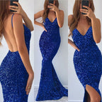 Robe de bal sirène longue bleu royal à col en V, dos nu, ornée de sequins, avec fente
