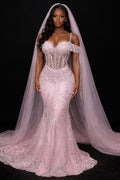 Bright Pink Sequin Beaded Mermaid Prom Dress With 3D Floral Details
