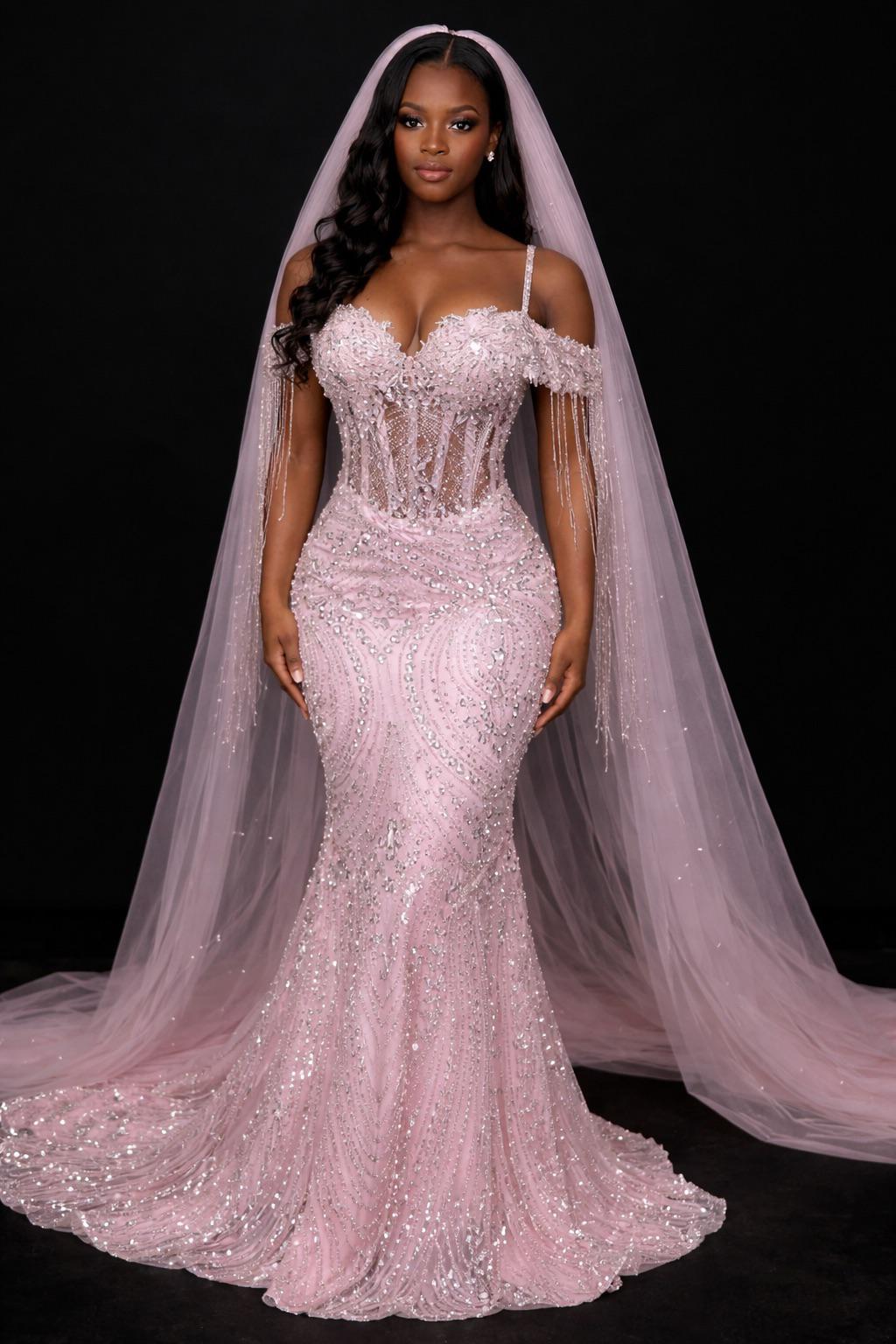 Bright Pink Sequin Beaded Mermaid Prom Dress With 3D Floral Details