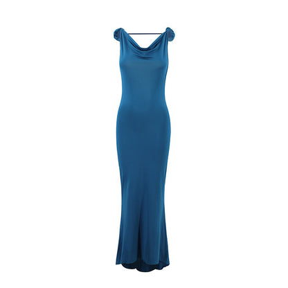 Vestido de noche sexy ajustado para mujer, escote en V profundo, espalda descubierta, tirantes finos con diseño floral decorativo, cola de pez 