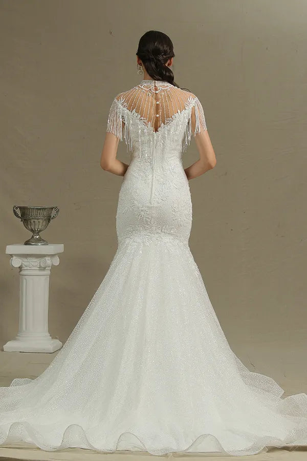 Shimmy High Neck Mermaid Wedding Dress With Beading And Tassels