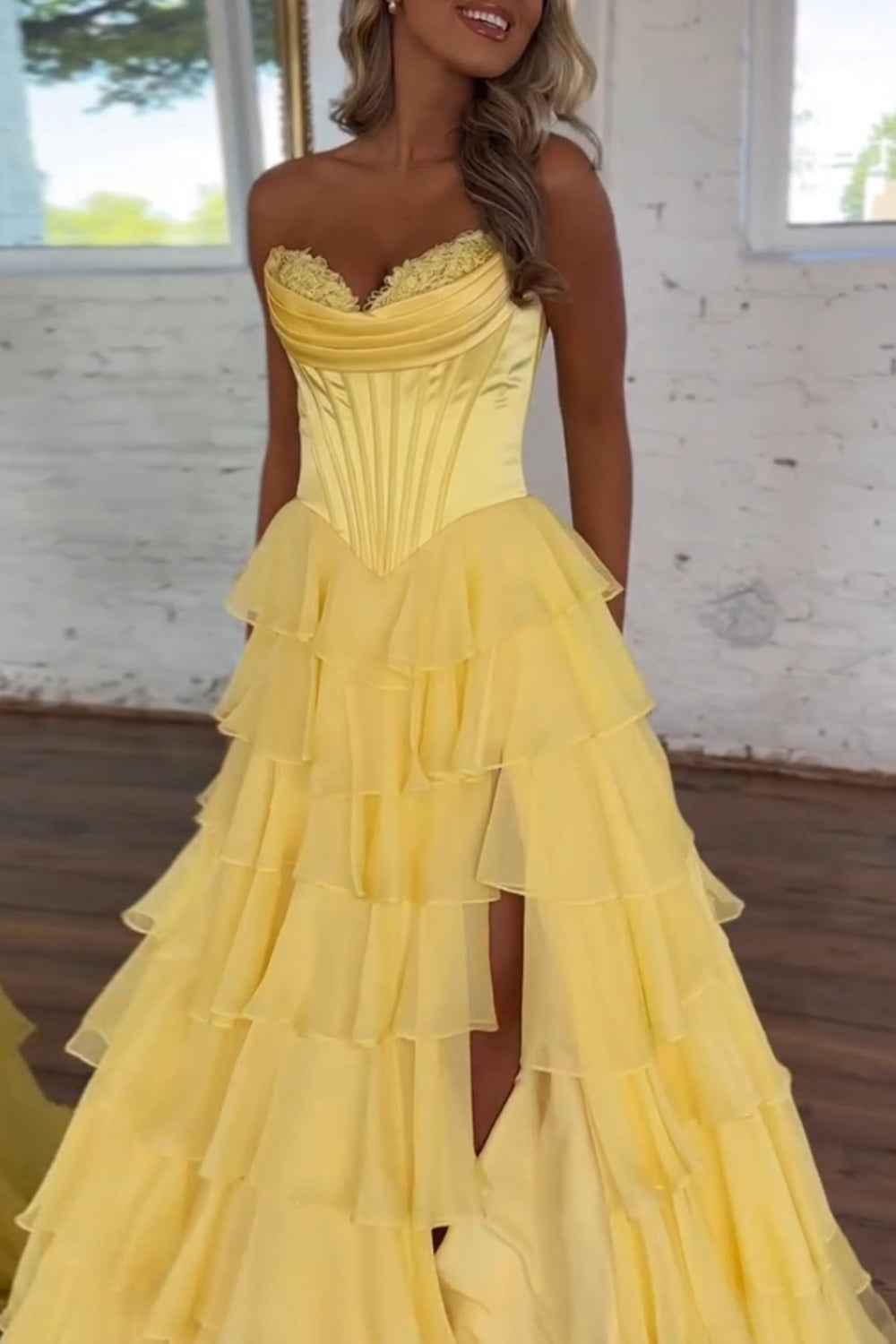 Blue Sweetheart Ruffled Long Corset Prom Dress With Slit