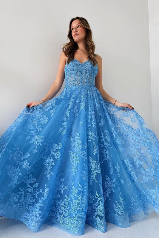 Vestidos de fiesta largos con apliques de tul y tirantes finos