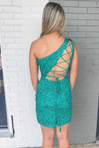 One Shoulder Tight Sky Blue Homecoming Dress