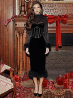 TARUXY Mesh Splice Maxi Dress Women High Waist Slim Feather Temperament Dresses Female Party Retro Elegant Evening Dress Woman