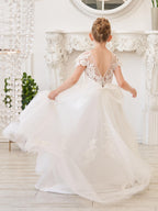 Ivory Lace Tulle First Communion Flower Girl Dress With Detachable Train
