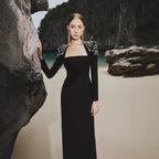 French Elegant Square Neck Long Sleeve Prom Dress