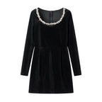 TARUXY Bead Drill Velveteen Dress For Women Long Sleeve Slim Black Formal Dress Female Party Elegant Retro Evening Dresses Femme