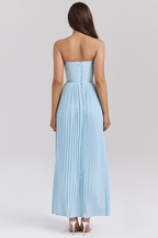 Strapless Cinch Waist Pleated Maxi Dresses-Blue Pre Order