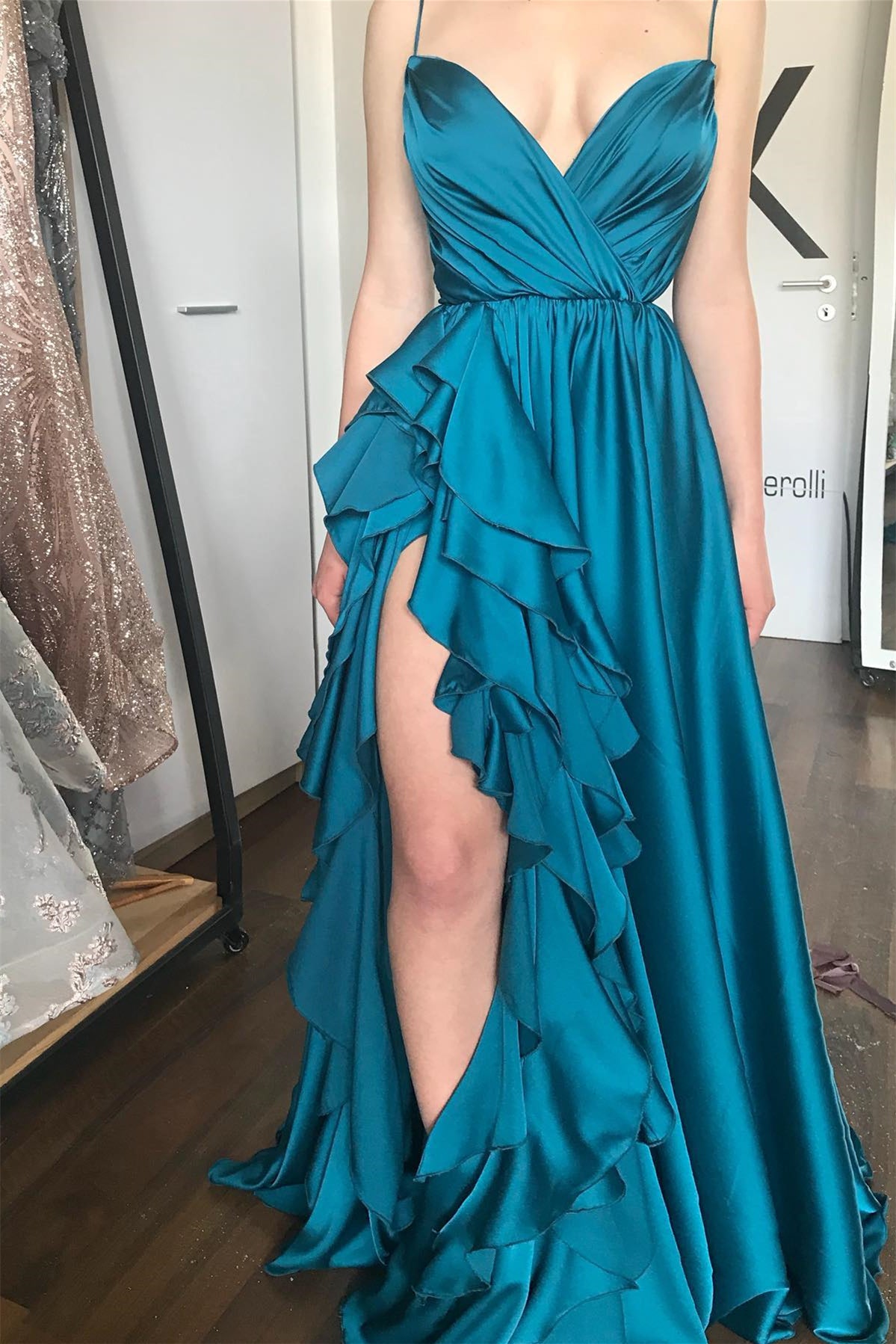 Ink Blue Spaghetti Straps V Neck Sleeveless Mermaid Prom Dress With Ruffles Slit