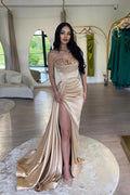 Champagne Mermaid Prom Dress Sleeveless Split Front Beading Sweetheart Neckline