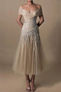Champagne Off The Shoulder Wedding Dress With Appliques