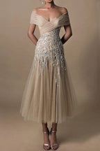 Champagne Off The Shoulder Wedding Dress With Appliques