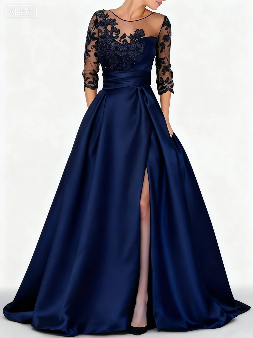 Abito formale elegante in raso nero ricamato