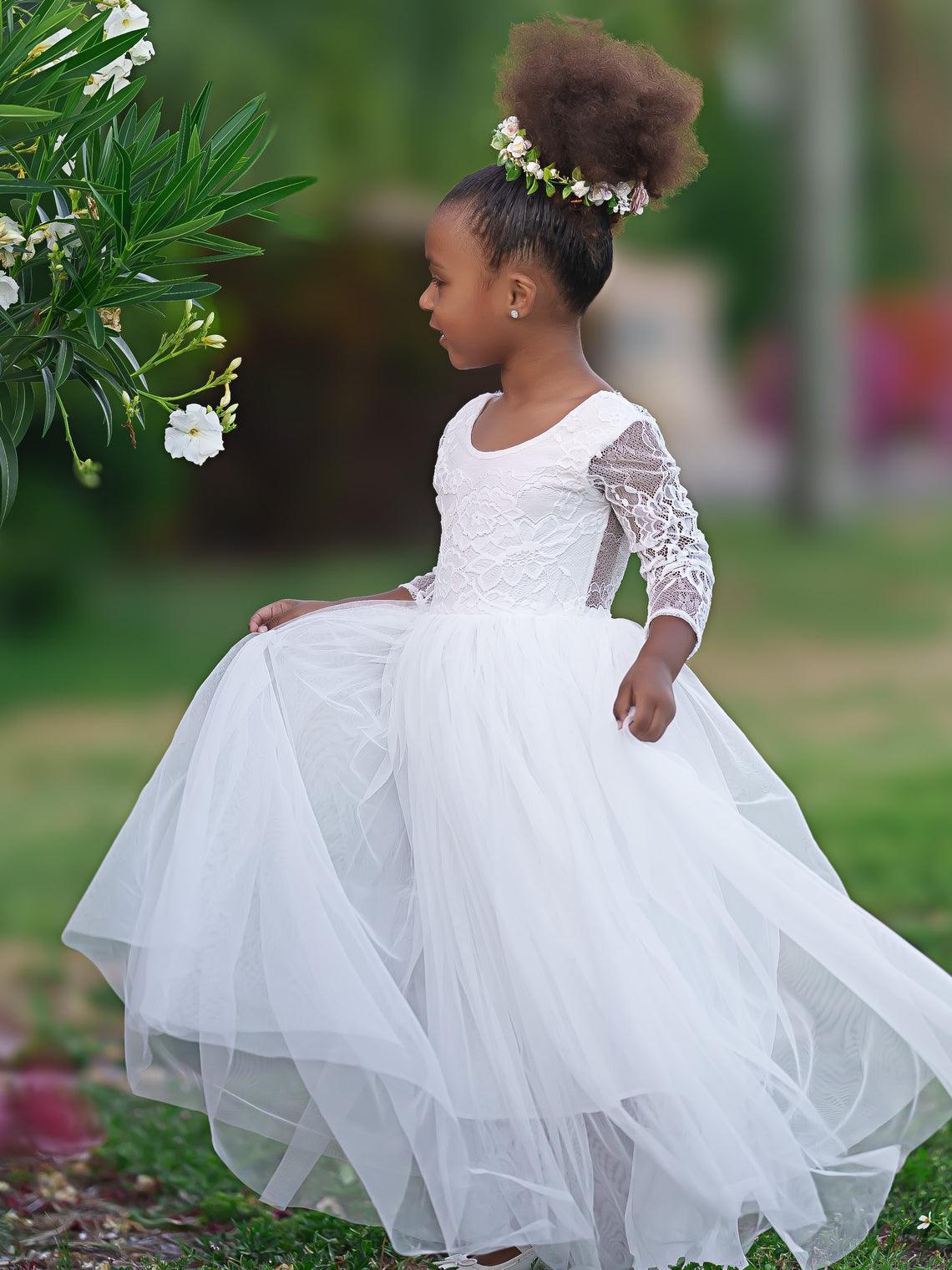 Ivory Peony Lace Long Sleeve A Line Tulle Tutu Flower Girl Party Dress