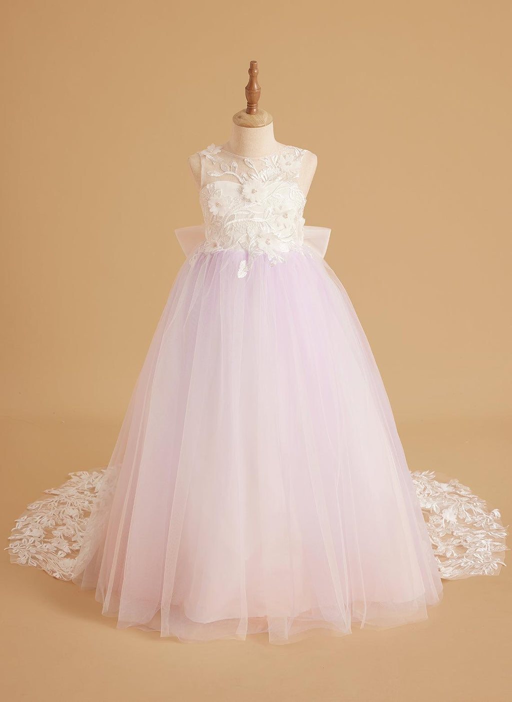 Sleeveless Princess Flower Girl Dress With Detachable Train And Beaded Lace