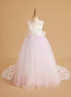 Sleeveless Princess Flower Girl Dress With Detachable Train And Beaded Lace