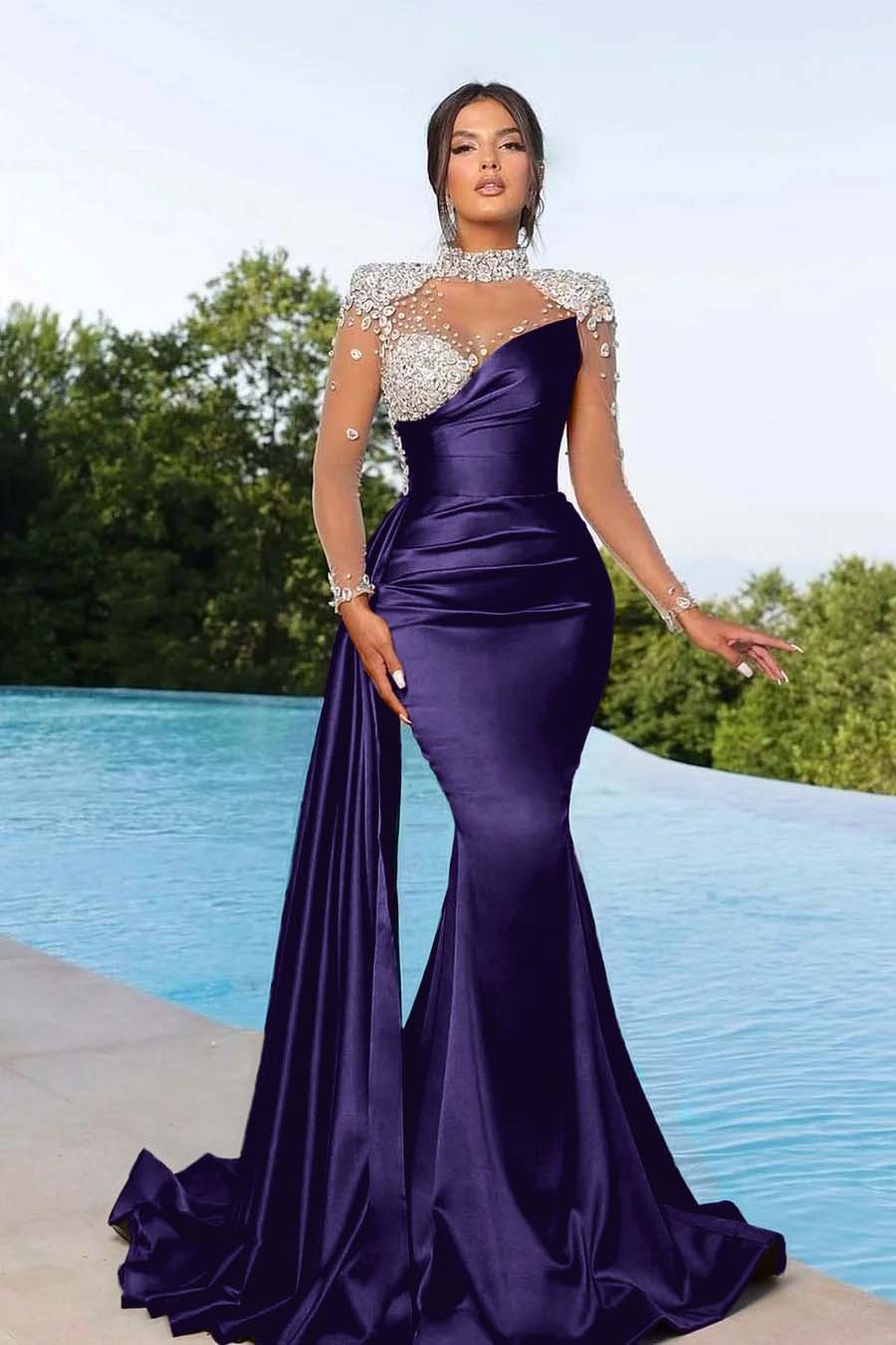 Bmbridal Purple Long Sleeves Mermaid Ruffle Gown With Crystals