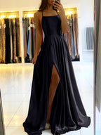 Bmbridal Navy Blue Spaghetti Strap Prom Dress With Long Slit