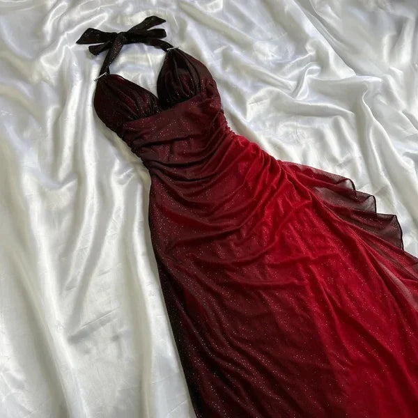 Vestido longo de festa e cerimónia vermelho em chiffon com decote em V e alças halter degradé Y7485