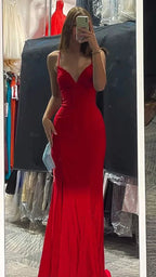 Elegante abito lungo da sera rosso a sirena con scollo a V Y422