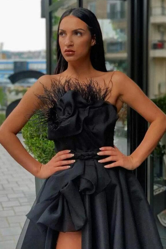 Black Satin Prom Dress With Feather Split Front Detail Floor Length Strapless