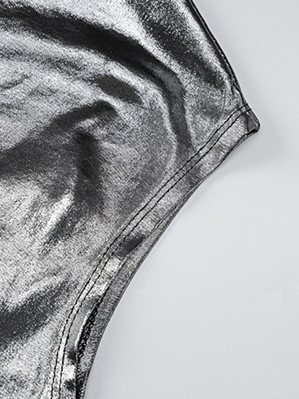 Skinny Asymmetric Shiny Solid Color Split-Joint One-Shoulder Evening Dresses Mini Dresses