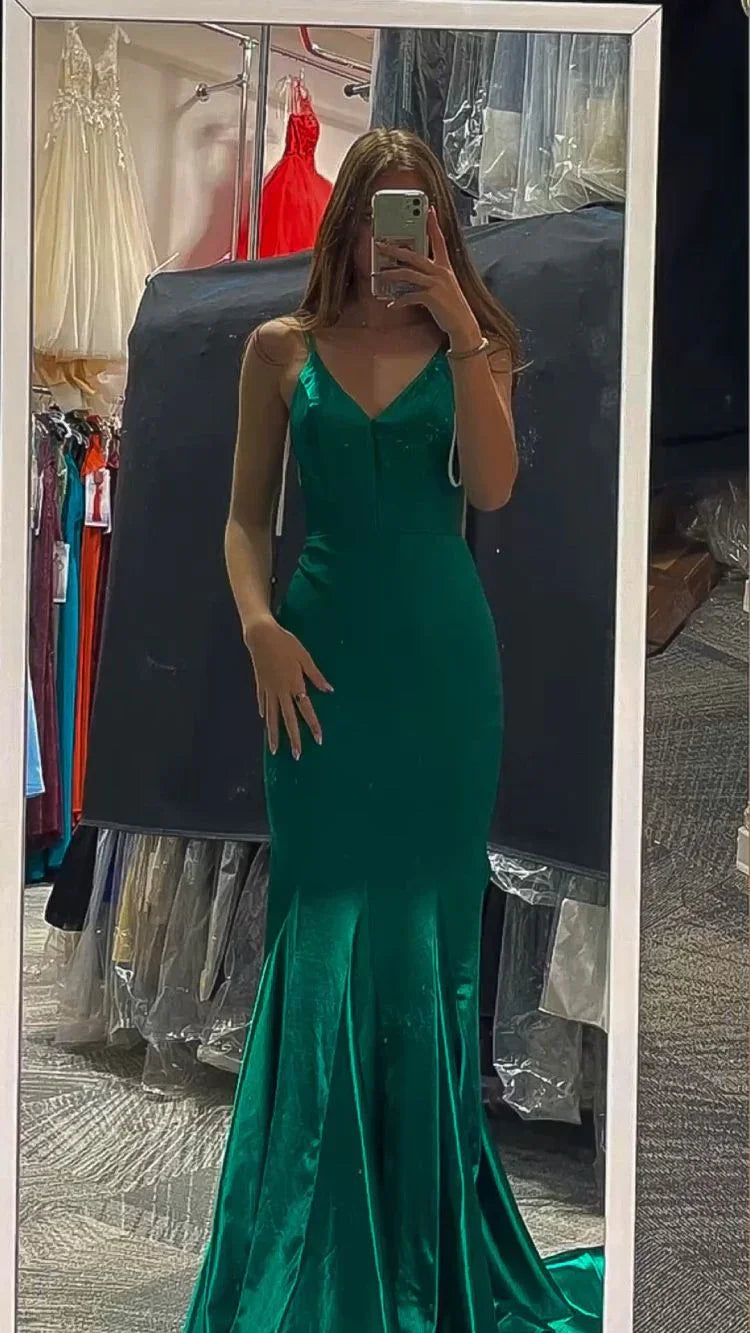 Abito da sera verde a sirena con scollo a V, abito da sera verde, elegante abito formale verde generoso Y1837