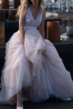 Beach V-Neck Tulle Wedding Dress Sleeveless Gown for Beach Weddings