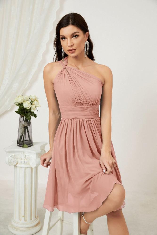 Vestido de Noiva de Ombro Único em Chiffon Curto para Damas de Honra, Vestidos Formais para Festas e Baile de Finalistas 2804