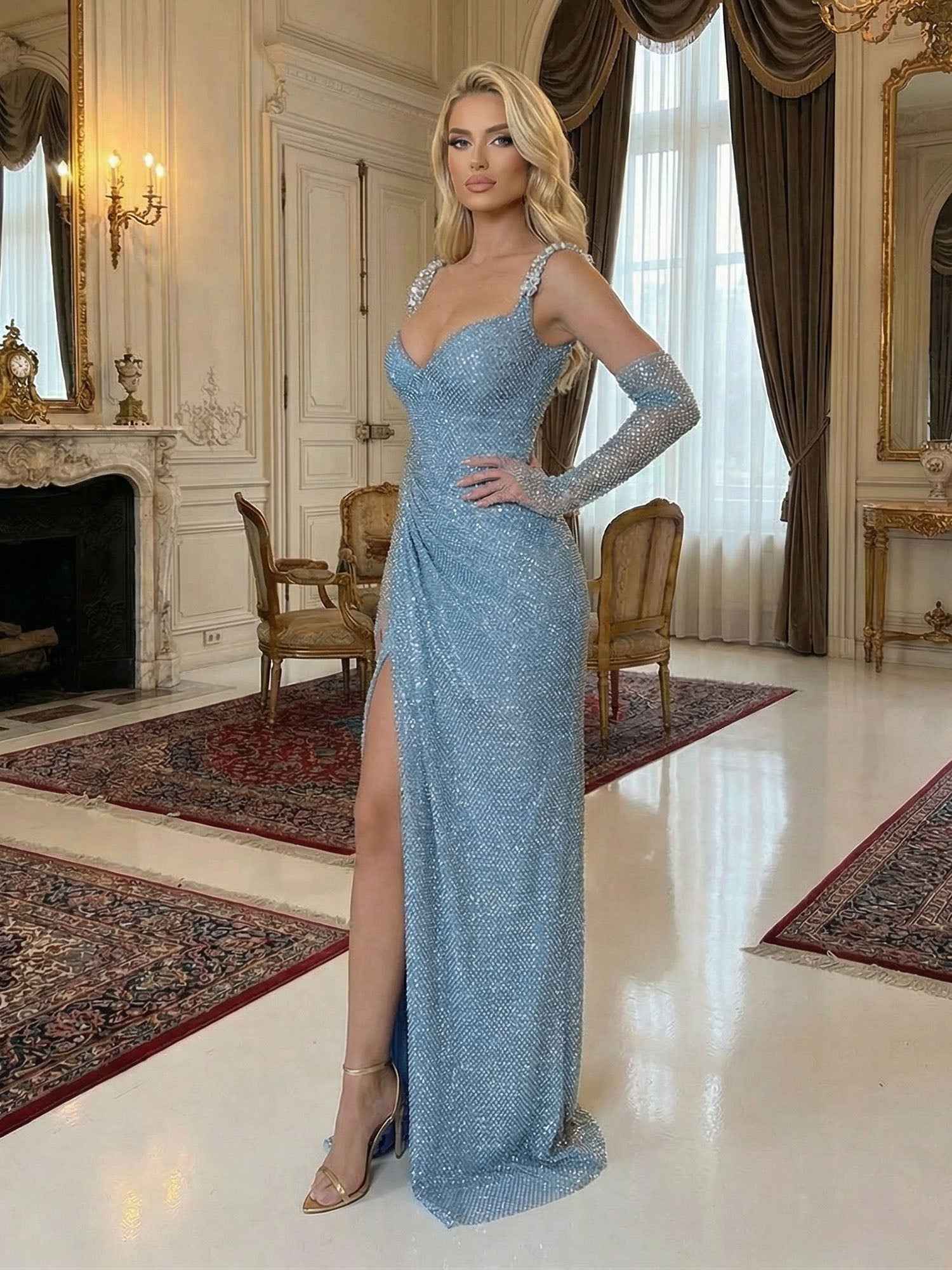 Light Blue Sequin Mermaid Prom Dress With Long Opera Gloves