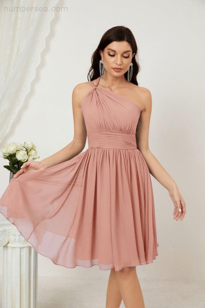 Numbersea Damen Chiffon Kurzes Ein-Schulter Brautjungfernkleid Festliche Kleider für Feier Heimkehr 2804